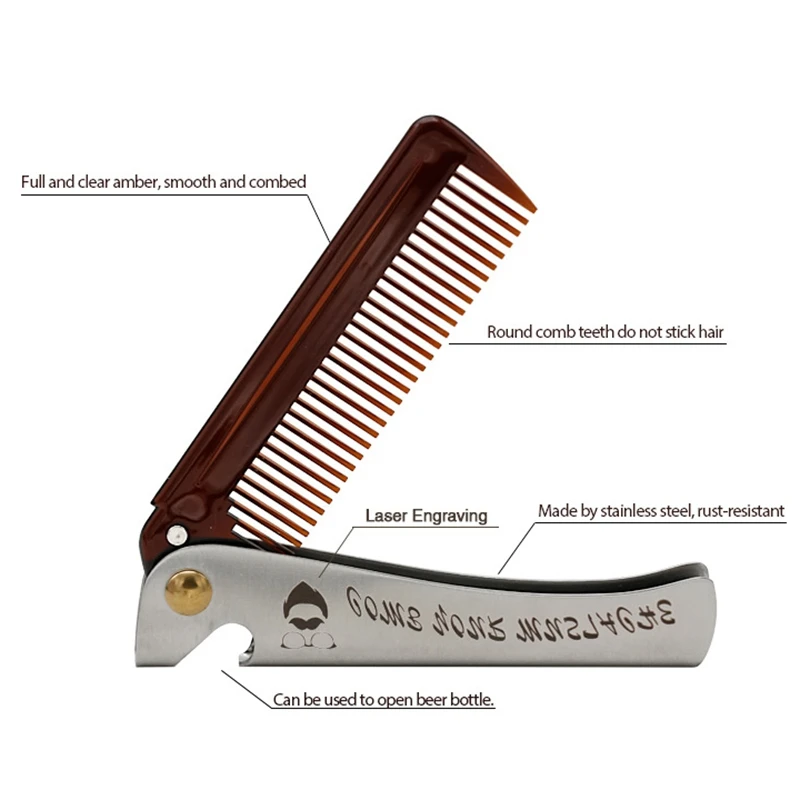 AT21-1 Pcs Men Folding Pocket Comb PP Teeth Detangling Hair Beard Comb Metal Handle Foldable Combing Facial Mustache Comb
