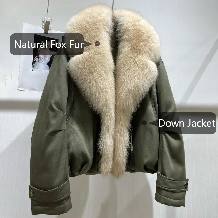 Jaket Puffer Berbahan Bulu Asli Jaket Musim Dingin Untuk Wanita Jaket Bomber Mode Baru Mantel Pendek Berbulu Rubah Dengan Ritsleting