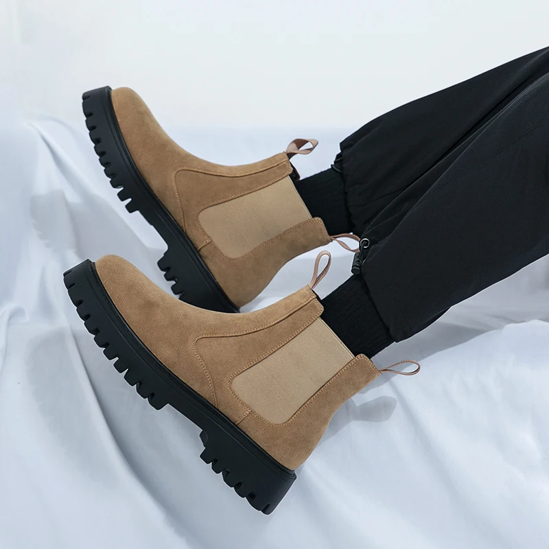 

Men Chelsea Boots Retro Comfortable Ankle Boots 2025 Fashion Black Brown Comfortable Fashion British Style Thick-soled Heighteni