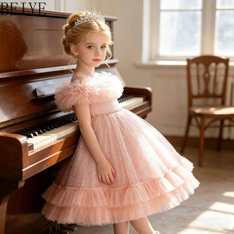 

New Design Wedding Mesh Ruffles Dress Girls Princess Wedding Puffy Party Dress Children Off Shoulder Sweet Dance Bow Dress