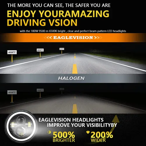 Imagen 2 del producto Faro Led redondo de 7 pulgadas H4 Halo rojo Ojos de Ángel faro 180W 6000K Wrangler Jeep faro Universal 18000LM lámpara de coche