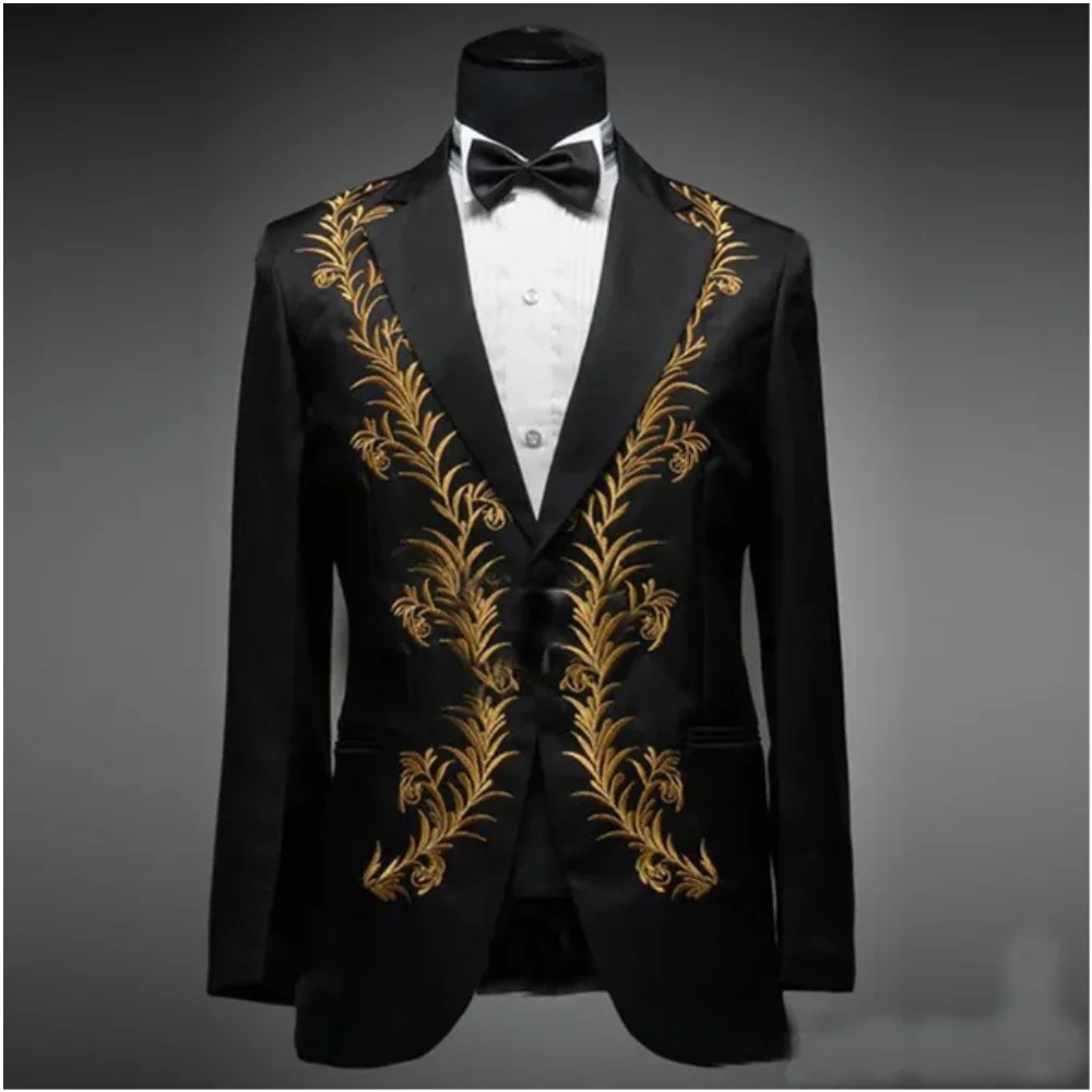 

Black With Embroidery Wedding Groom Mens Suits 2 Pieces Groomsmen Prom Custom Tuxedos Slim Fit Suits For Men (Jacket+Pant+Tie)