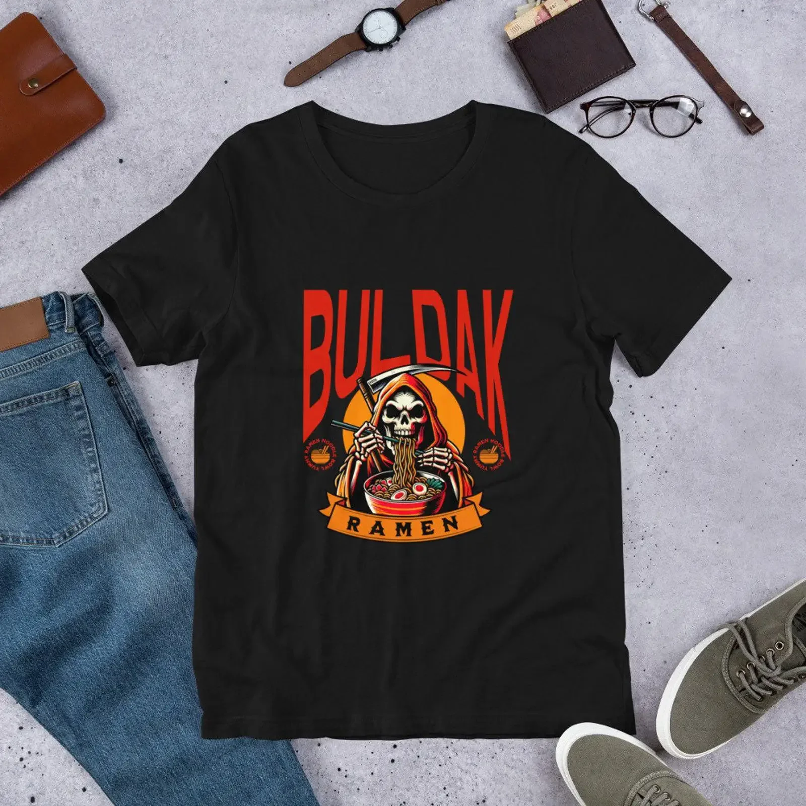 Camiseta divertida con diseño de Buldak Ramen, estilo coreano picante, vintage, lavada, versátil, de diseñador, unisex, gráfica, cómoda