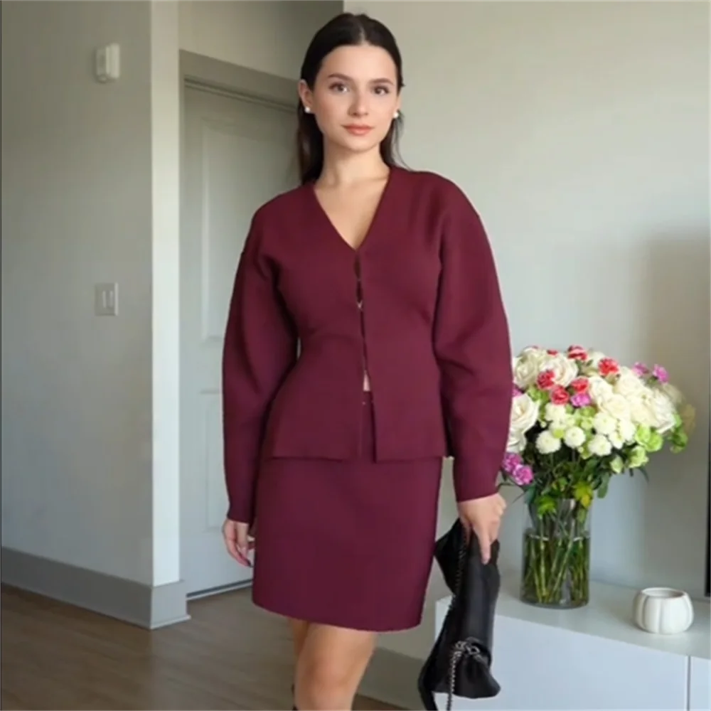 PB&ZA2024 Autumn New Women\'s Clothing Style Slimming and Simple V-neck Long sleeved Knitted Coat Flat Needle Mini Skirt Set