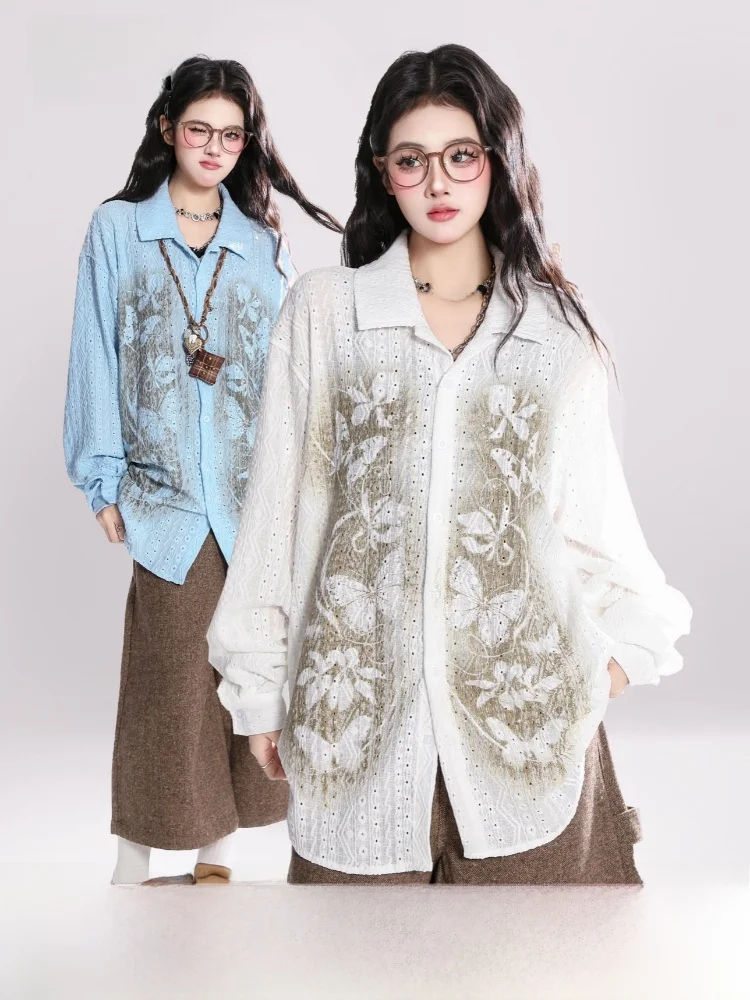

HM Artistic Lazy Sle Long Sve Printed irt Women's Spring n Loose Top Outerwear Original Design Collar