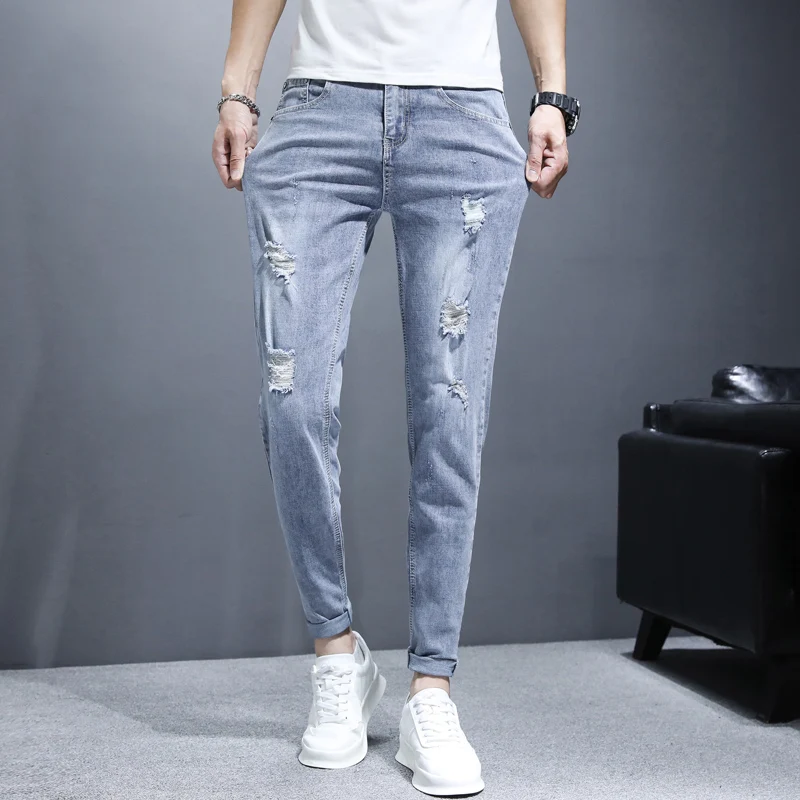 Men\'s Personalized Fashion Ripped Jeans Straight Slim Solid Color Spring Summer Denim Trousers High-Quality Brand Blue Jeans