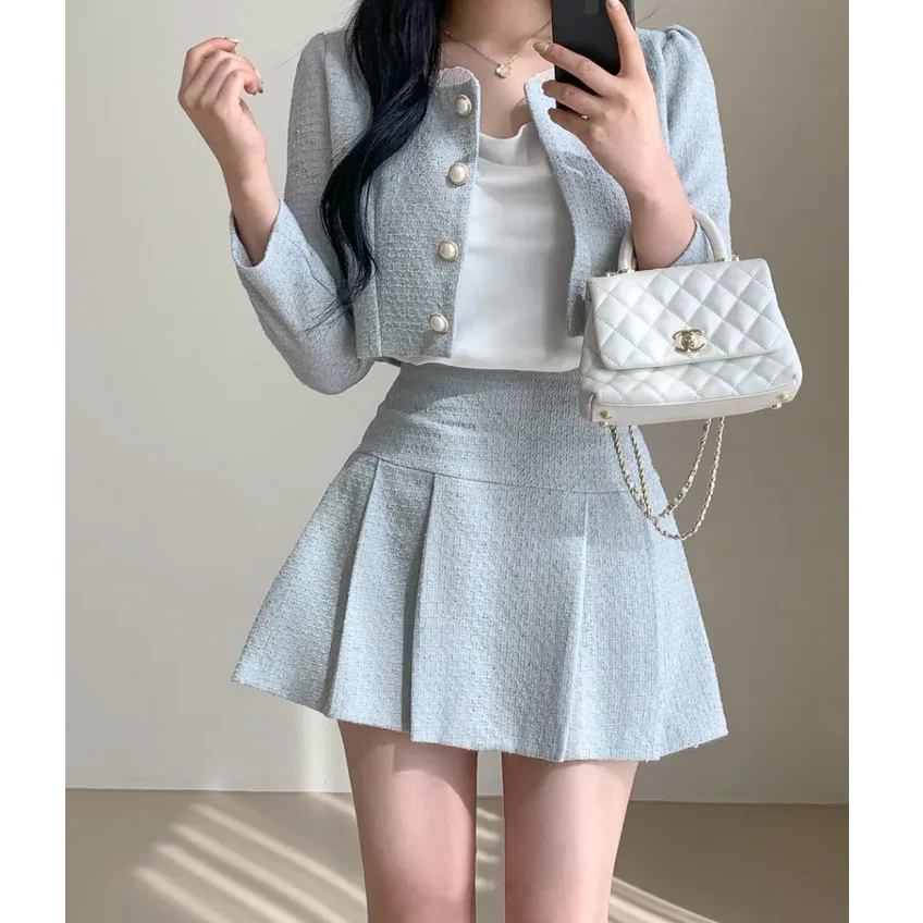 

Little Fraance Sle Set round Ne ort Outerwear High Waist Slimming Pleated Skirt Two-Piece Set Korean Version Autumn W...