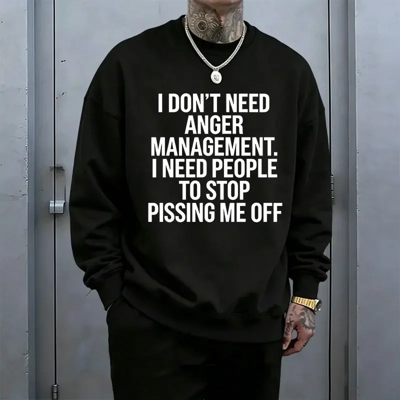 Men’s Crewneck Sweatshirt with Quirky Mood-Based Venting in English Print, Featuring a Distinctive Attitude Vibe and Lettering Graphic, Relaxed Drop-Shoulder Pullover Fit, American Street Hip-Hop Style, Casual Everyday Trendy Long-Sleeve Top, Sohochic