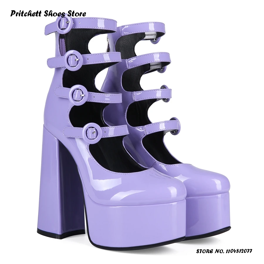 

Patent Leather Platform Lolita Shoes Women's Round Toe Chunky Heel Sweet Pumps Spring Summer Buckle Strap Trending High Heels