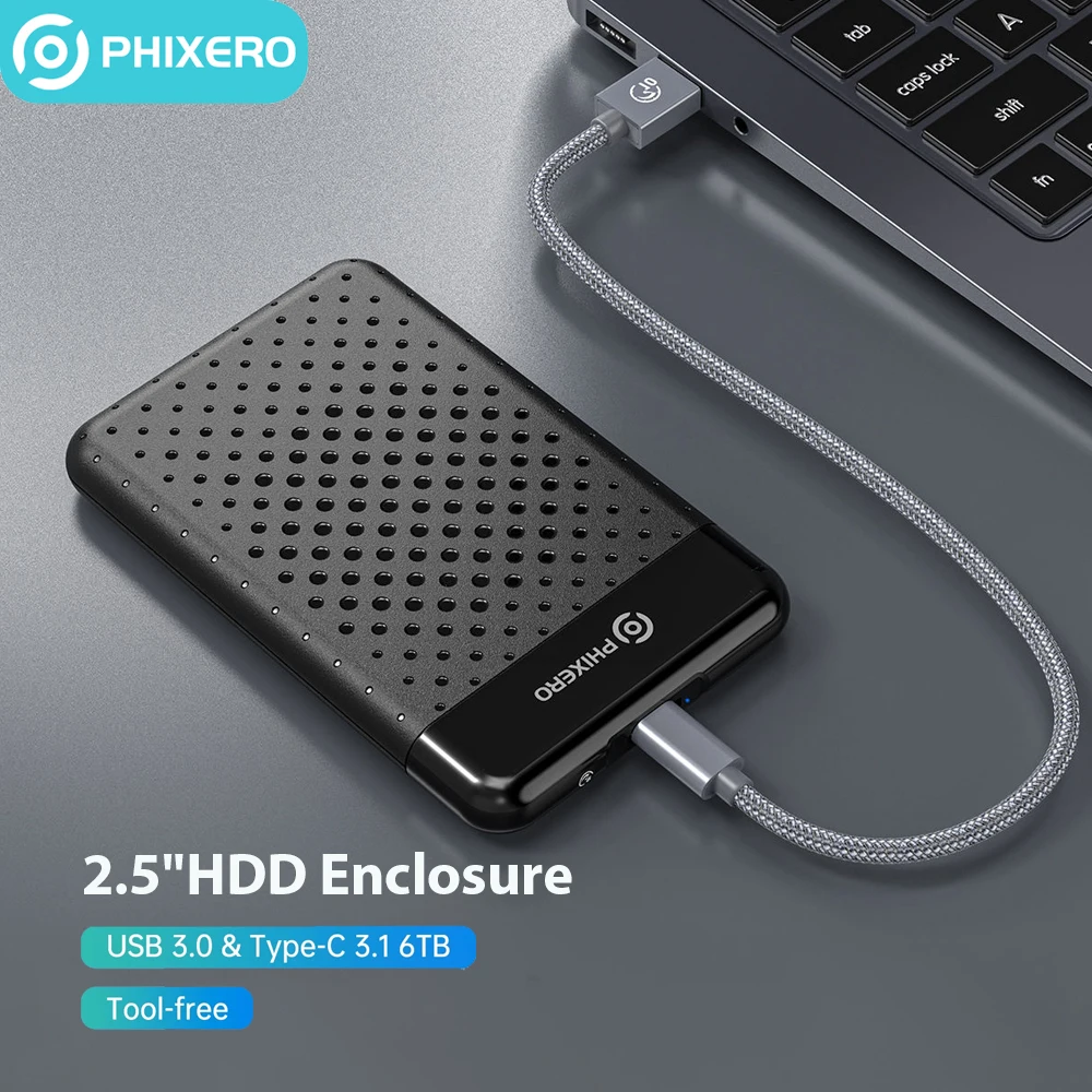 PHIXERO HDD Case 2.5 นิ้ว SATA to USB3.0Type-C SSD ฮาร์ดไดรฟ์ภายนอก 6Gbps USB-C ภายนอก SATA HDD Enclosure สําหรับ PC แล็ปท็อป