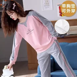 2Pcs/set Women's Cotton Sleepwear With Bra pads 2024 Korean Fashion Nightwear Long Sleeves Trouser Home Clothes Femme Pjs Pyjama