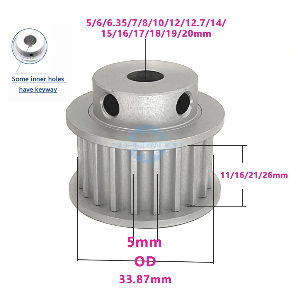 HTD 5M Timing Pulley 22 Teeth Bore 5/6/6.35/7/8/10/12/12.7/14/15/16/17/18/19/20mm Fit Belt Width 10-25mm Aluminum Alloy Pulley