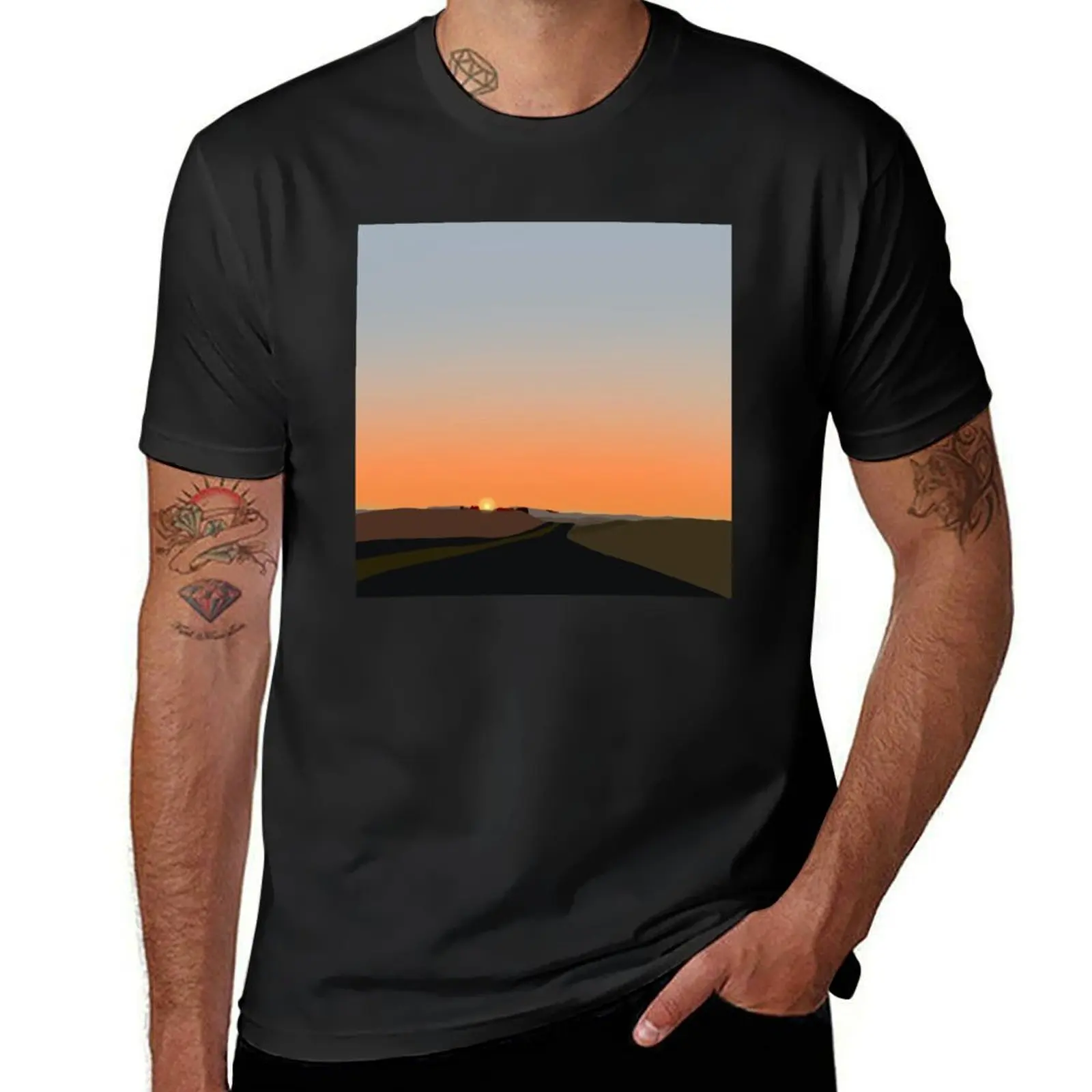 Rolling hills and Sunset T-Shirt oversized blacks customs vintage Men's cotton t-shirt