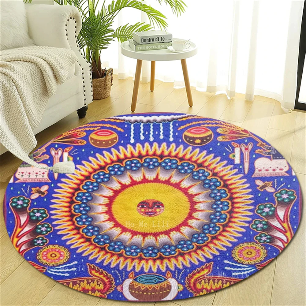 Mexican Folk Art Ethnic Huichol Indian Yarn Painting Deer Tribal Sacrificial Ceremony Sun God Round Carpet