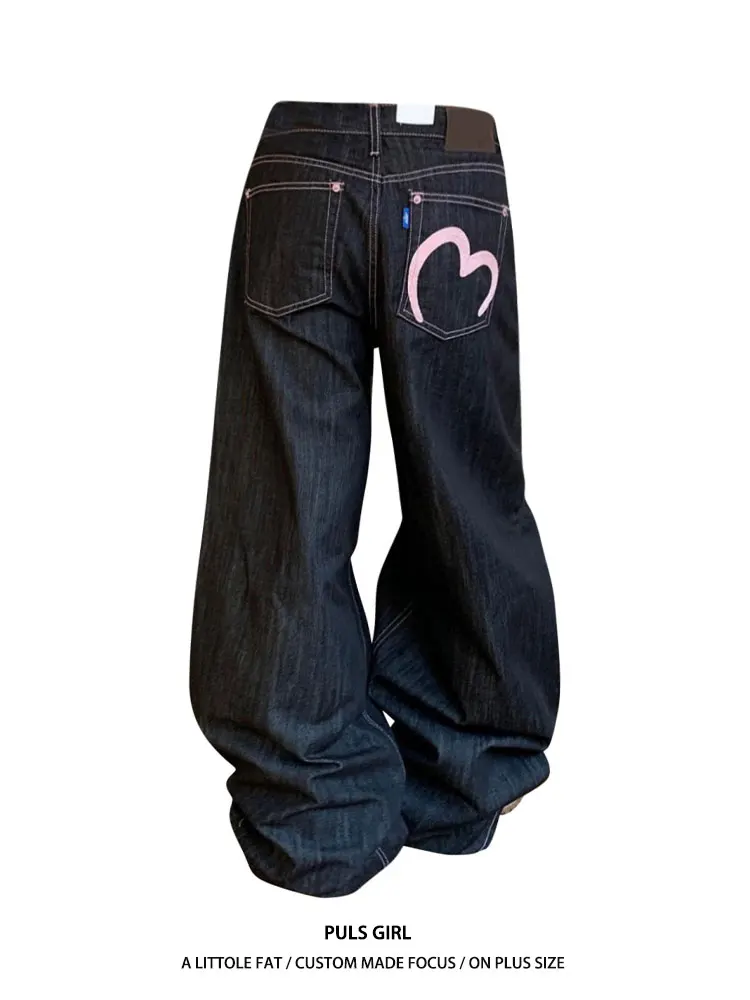 

Large Size American Retro Washed Heart Print Denim Jeans Women's Casual Loose Drapey Straight Leg Long Pants