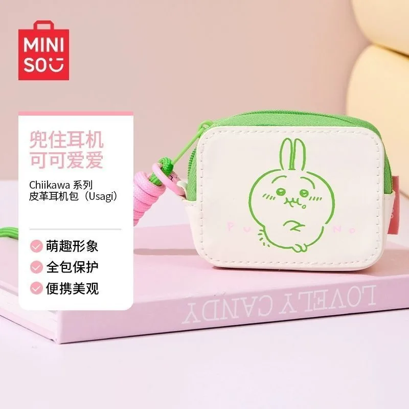 MINISO Chiikawa Earphone Bag Usagi Cartoon Cute Figure Leather with Hanging Rope Bluetooth Earphone Case Portable Going Out Gift