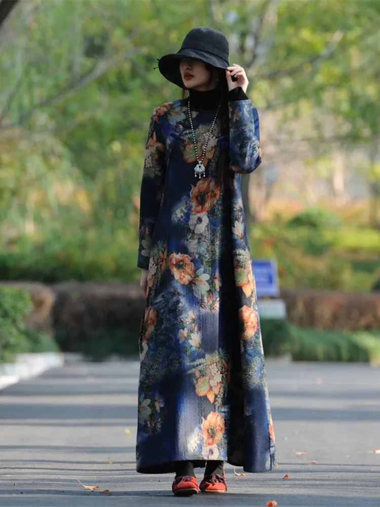 

TIYIHAILEY Free Shipping 2022 New Vintage Print A-line Long Maxi Women Full Sleeve Loose Dress Winter O Neck S-XL Thick Warm