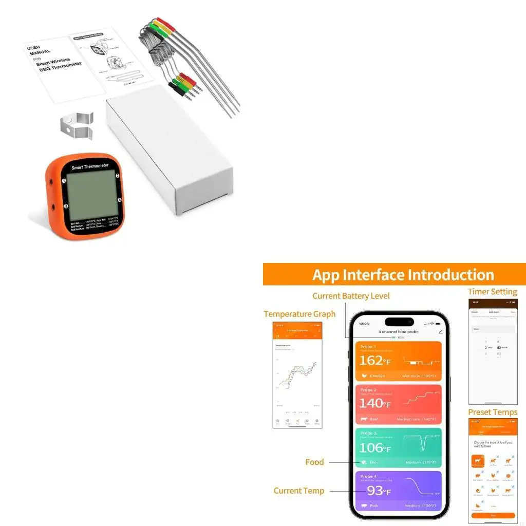 4 sondas Termómetros inalámbricos para carne Bbq simultáneo Monitoreo del horno para asar a parrilla