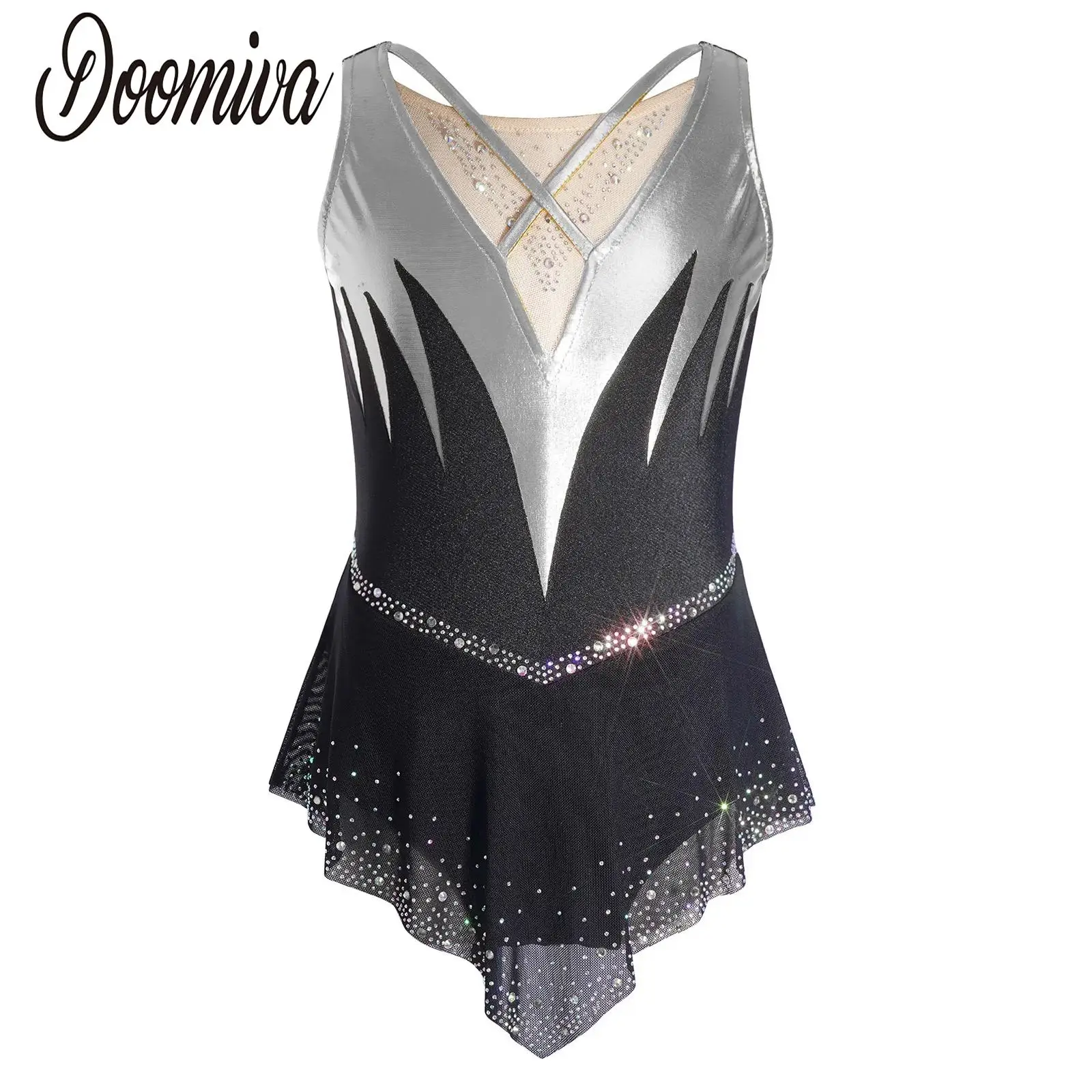 

Kids Girls Figure Ice Skating Lyrical Ballet Performance Costume Sleeveless Shiny Rhinestones Mesh Leotard Roller Skating Dress