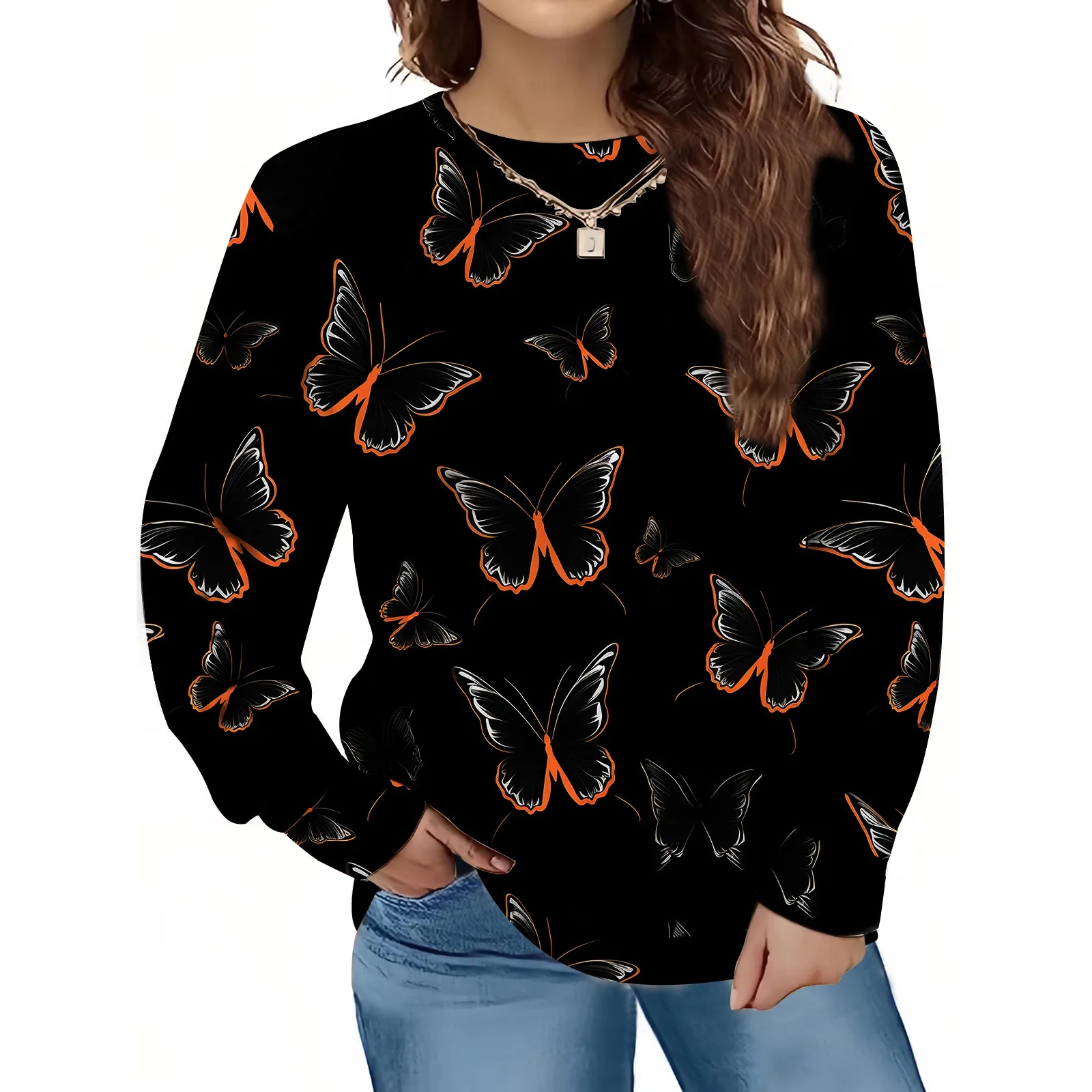 

Women'S Long Sleeved Pullover Butterfly Print Hoodie Casual Loose Round Neck Female 2023 New Fall Fashion Sweatshirt Top