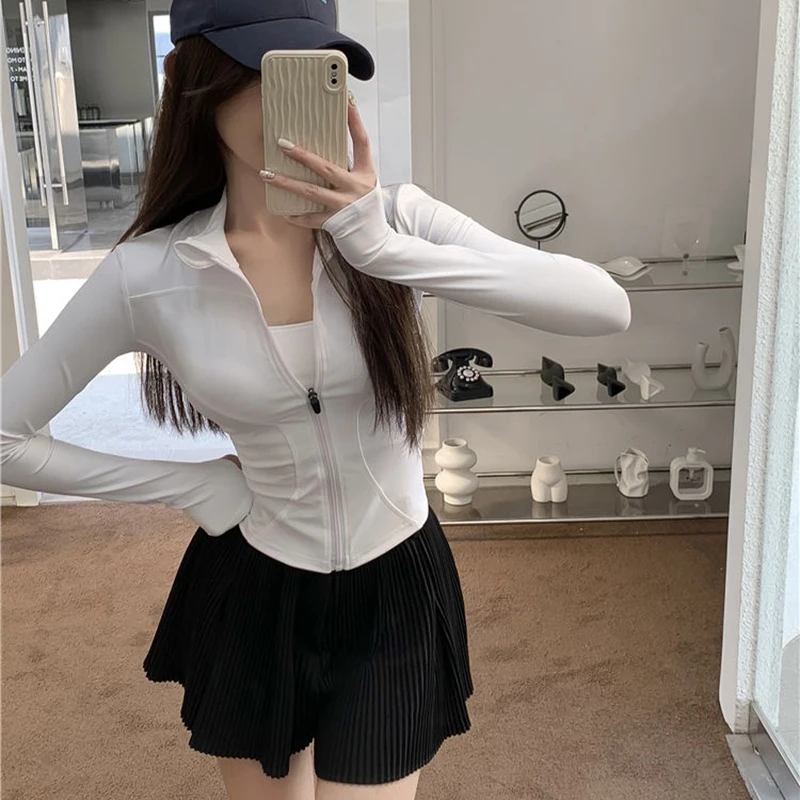 2026 Herbst Slim Fit Langarm-T-Shirt für Damen mit Reißverschluss, Taillenbetontes Yoga-T-Shirt, Eng Anliegendes UV-Schutz Crop-Top – Detail 7