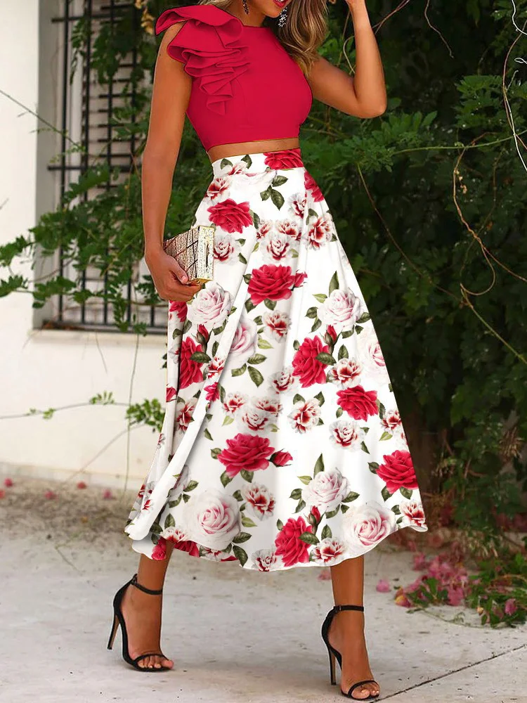 Elegant Office Lady Retro Printed Skirts Suit Women Ruffles Sleevless Tops Two Piece Set 2022 Summer Femme Prairie Chic Outfits