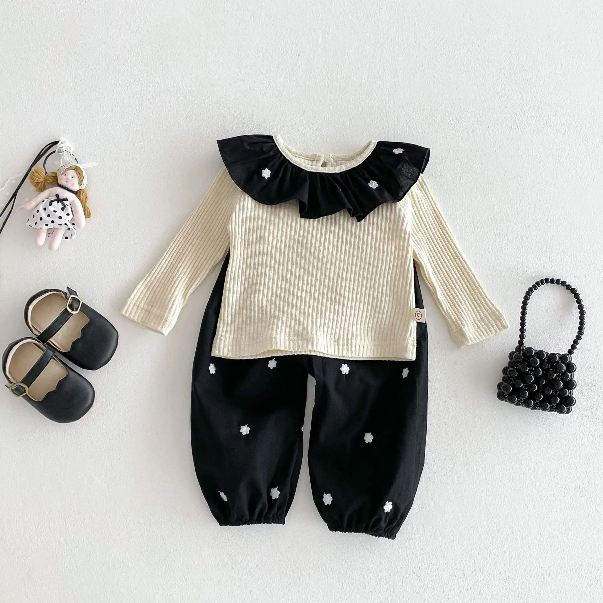 

Baby Girl Spring Clothing Sets For Infants Embroidered Floral Ruffle Neck Top Pants 2pcs Outfit Newborn Toddler Kids Suits 2025