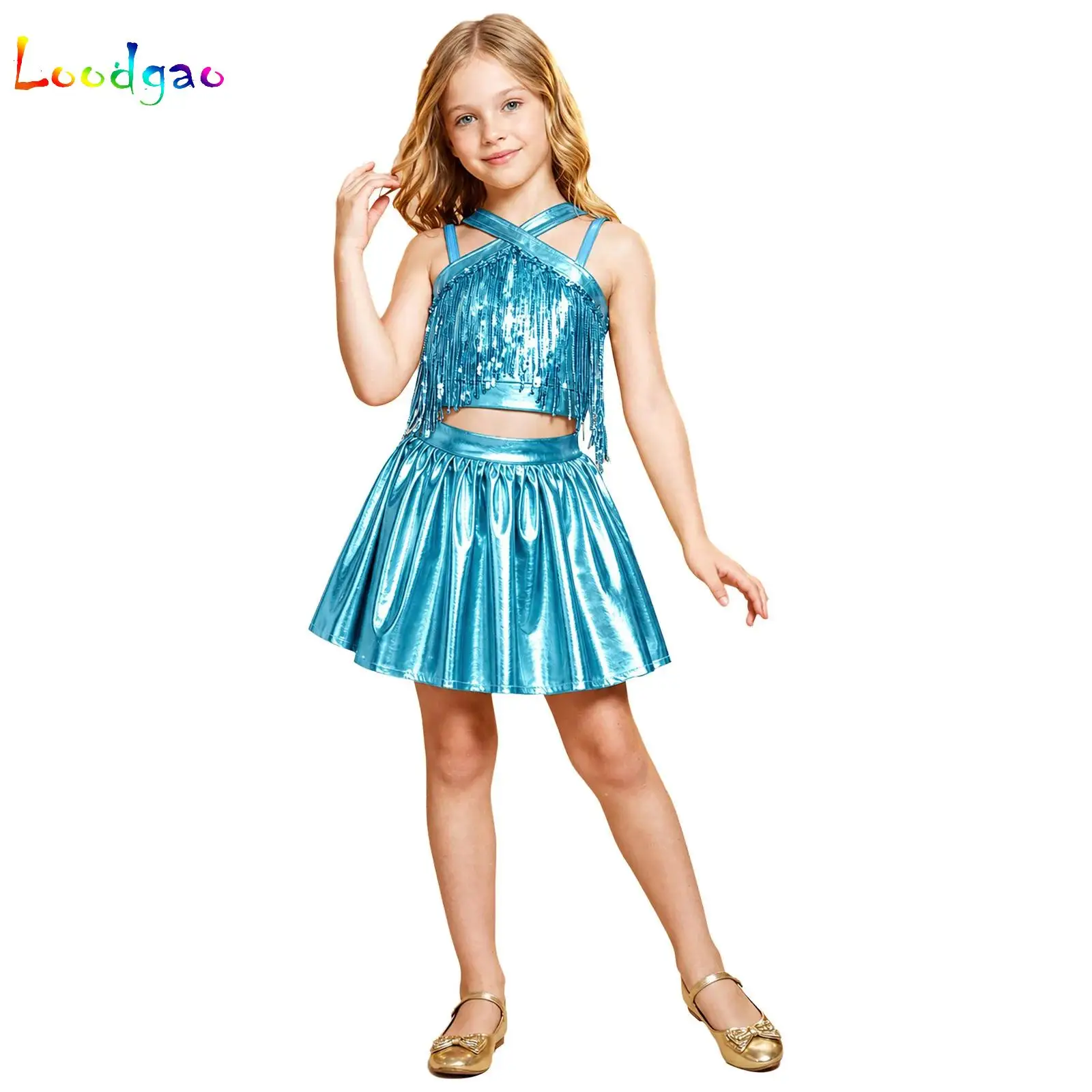 Kids Girls Tassels Metallic Party Vest Sequins Cross Front Sleeveless Camisole Crop Top Latin Jazz Dance Stage Performance Wear