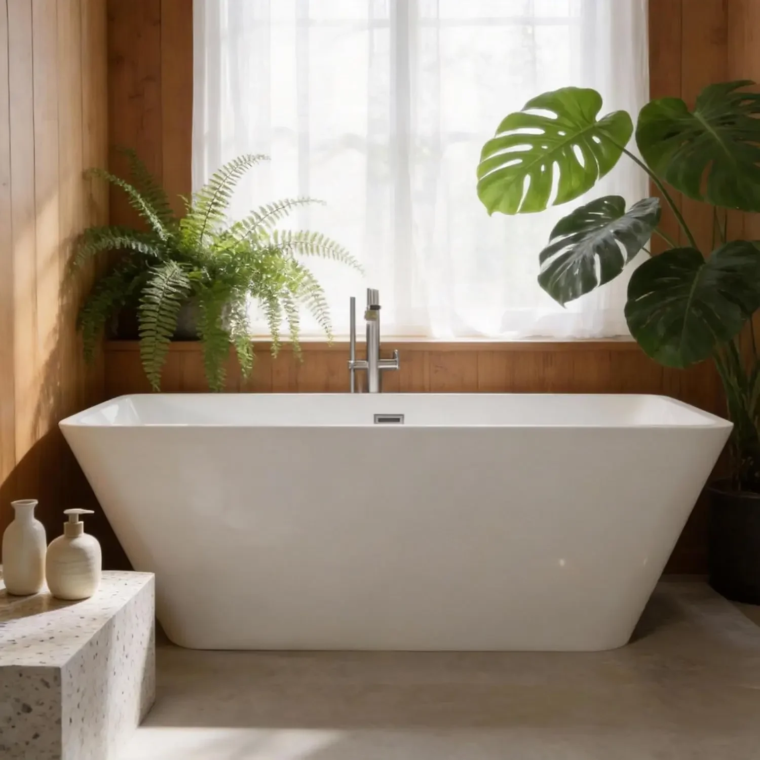 

59" Free Standing Tub, Acrylic Soaking Bathtub, Stand Alone Freestanding Tub with Matte Sliver Drain and Overflow, Contemporary