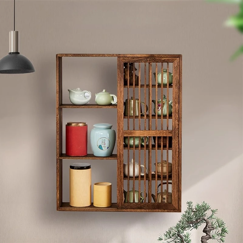 Massief Houten Chinese Stijl Wandmontage Theeservies Display Plank Meerlaagse Organizer voor Theepot & Servies Raster Opbergrek