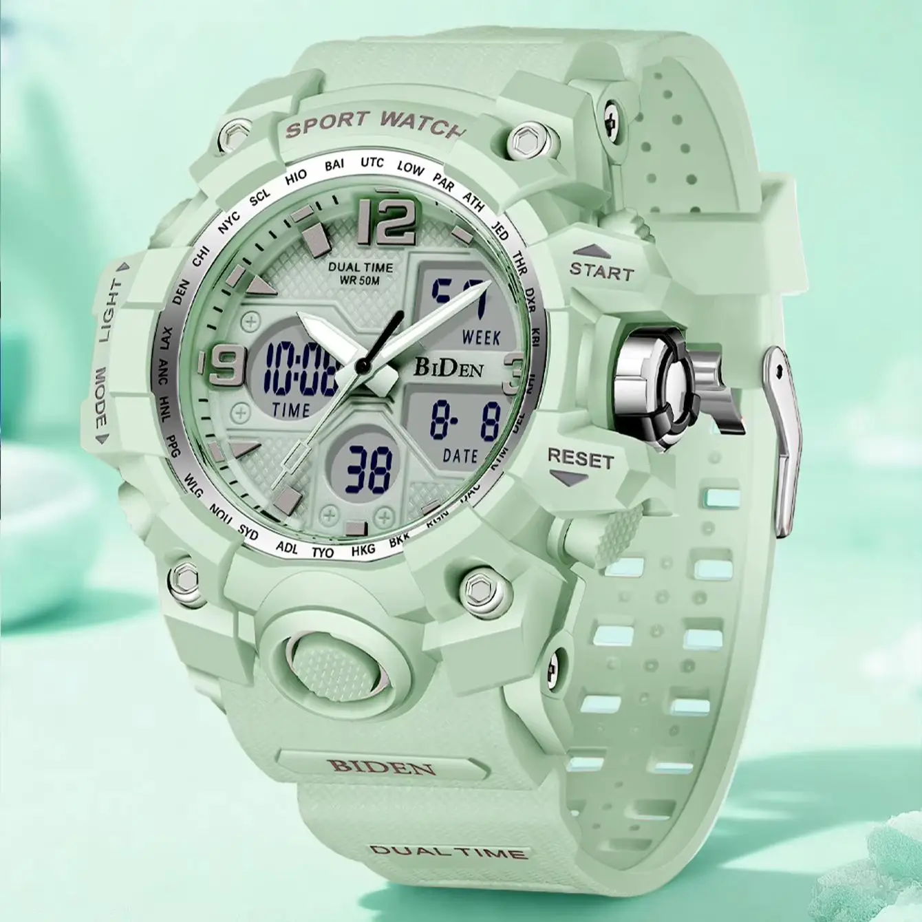 BIDEN Fashion dual display sports watch waterproof timing quartz watch suitable for both men and women digital clock luminous