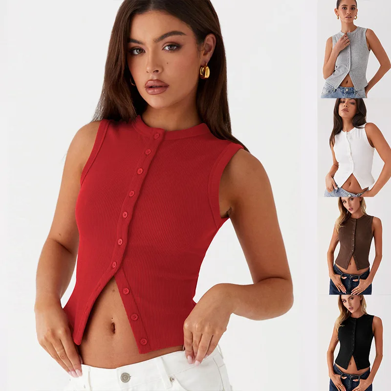 

Весенне-летний топ для похудения, короткая стильная футболка без рукавов с пуговицами и гвоздями