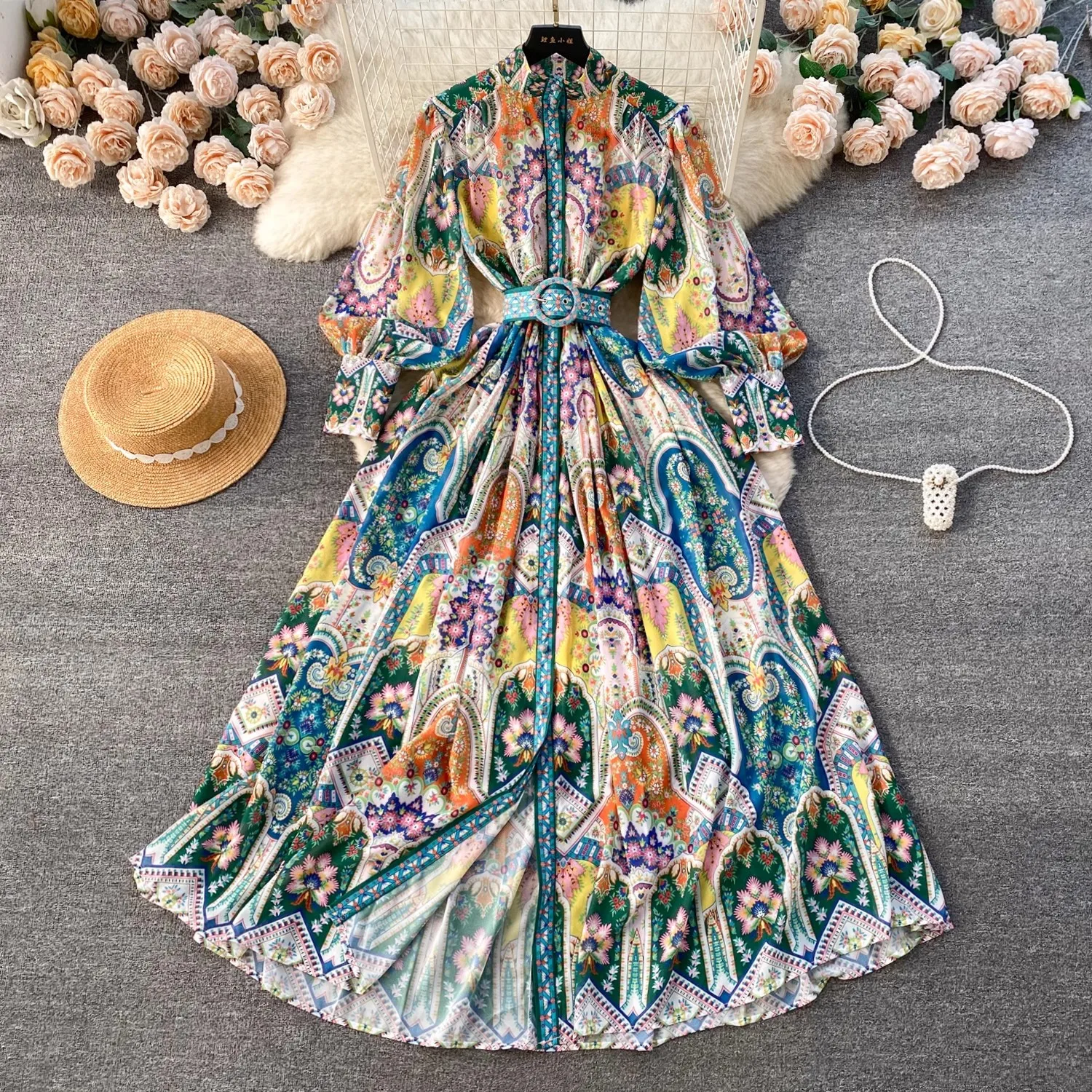 

2024 Holiday Paisley Print Party Dress Women's Stand Long Sleeve Single Breasted Floral Print Belt Chiffon Maxi Robe Vestidos