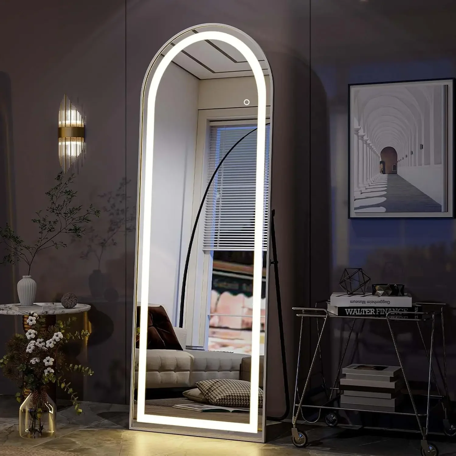 Arched Full Length Mirror com Luz, Iluminado Floor Mirror com suporte, escurecimento e 3 Iluminação Colorida