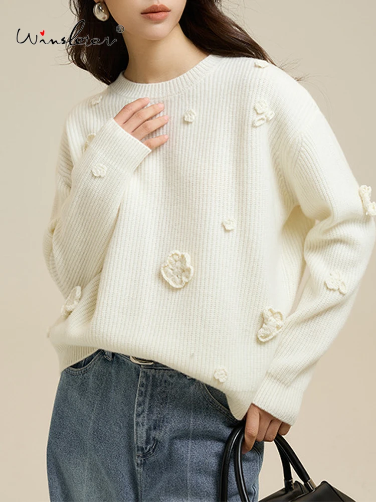 

Winsleter-100%Wool Elegant Sweater, O Neck 3D Floral, Women Versatile Gentle Soft Loose Knit Sweater, 2025 Autumn New T59440CC