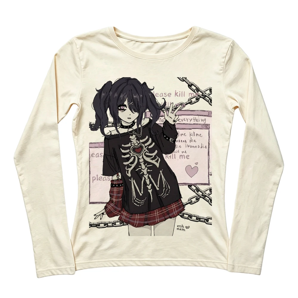 Y2K Women White Long Sleeve T Shirt Anime Girl White Tiger Print Slim Fit Crew Neck Casual Alt Top