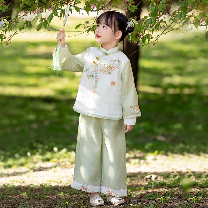 Adorable Girl's Traditional Chinese Embroidery Dress Hanfu Girls Spring and Autumn Style Baby Dunhuang Style Chest length Embroi