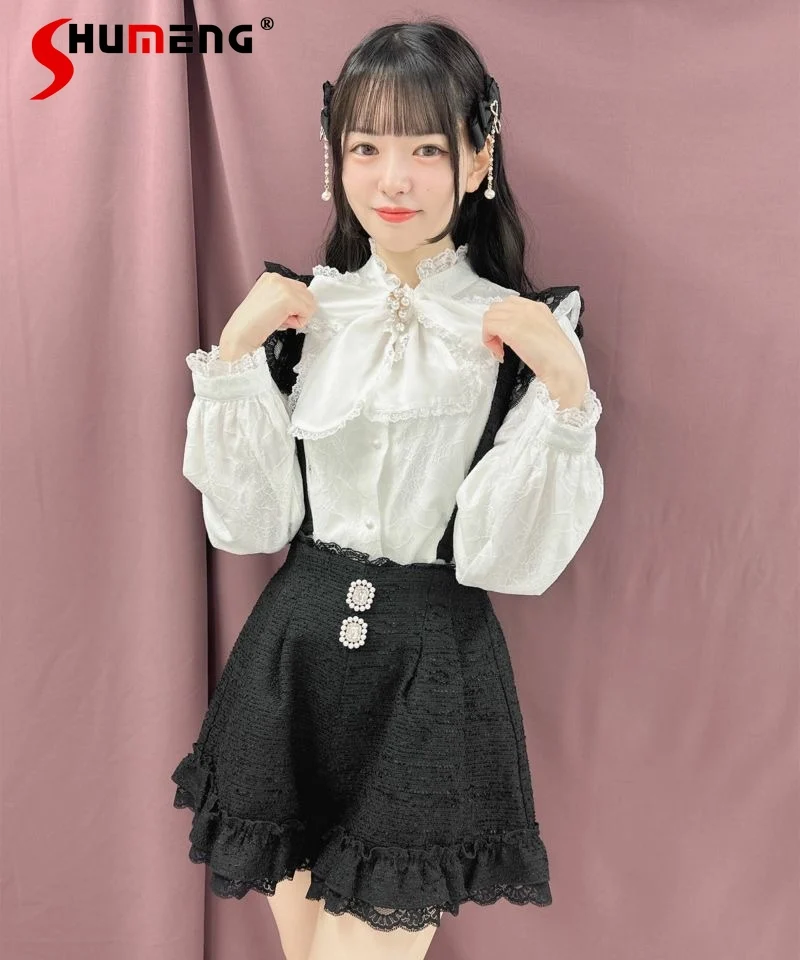 Lolita Style Woman Chunky Strap Drill Buckle Ruffled Shorts 2023 Autumn New Japanese Style Harajuku Rojita Black Shorts Female