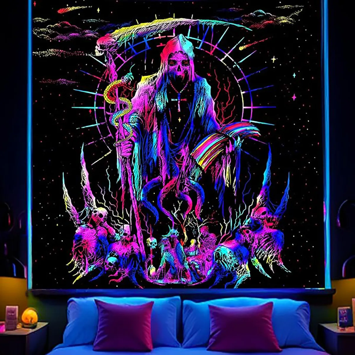 Skull Blacklight Tapestry UV Reactive Trippy Hip Hop DJ Skeleton Tapestry Neon Wall Hanging Room Decor Aesthetic Party Backdrops