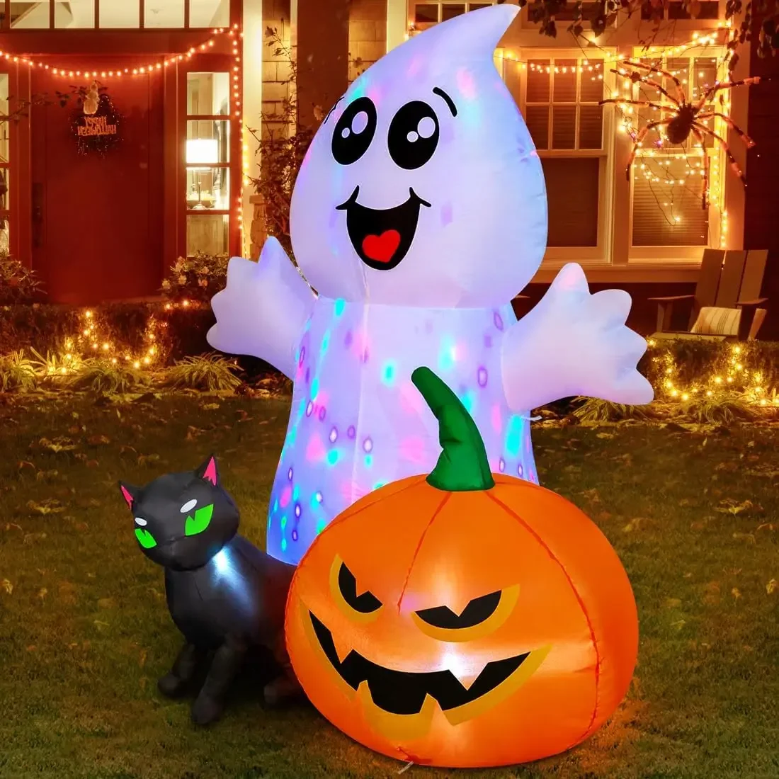 Inflatable 5FT Ghost with Black Cat and Pumpkin, Built-in LEDs Blow Up Yard Decoration for Party Outdoor Yard Garden Lawn