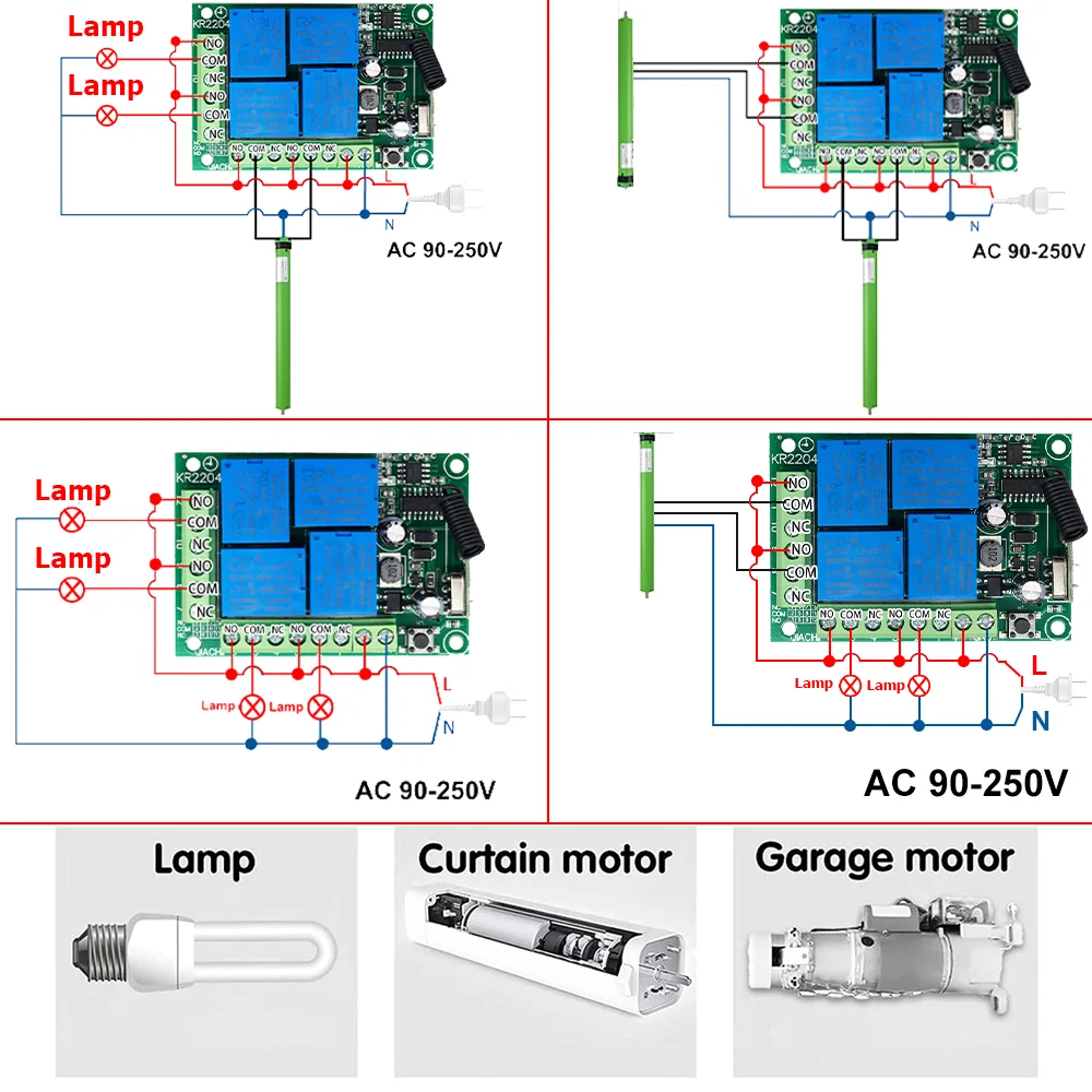 Qiachip 433mhz interruptor de controle remoto ac 110v 220v 4ch rf módulo de relé receptor sem fio e transmissor para luz da porta da garagem