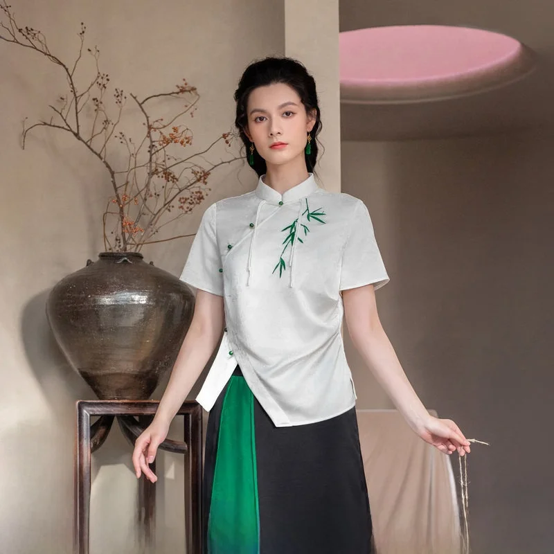 

Retro Embroidered Slim Fit Floral irt Women's New Arrival Spring Summer Chinese Sle ort Sve Stand Collar Casual irt