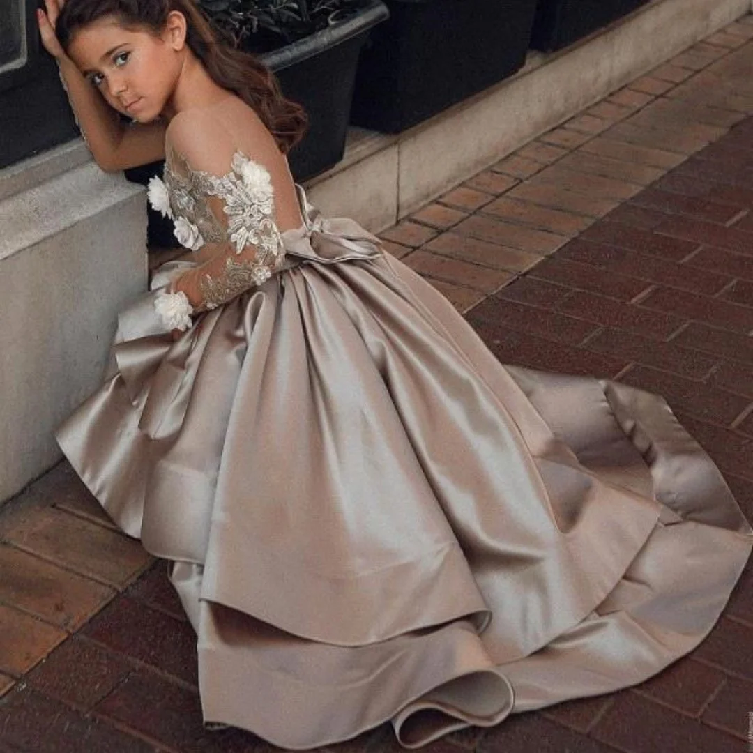 Vestidos de flores para niña, apliques de encaje blanco, manga larga para boda, fiesta de cumpleaños, banquete, primera comunión