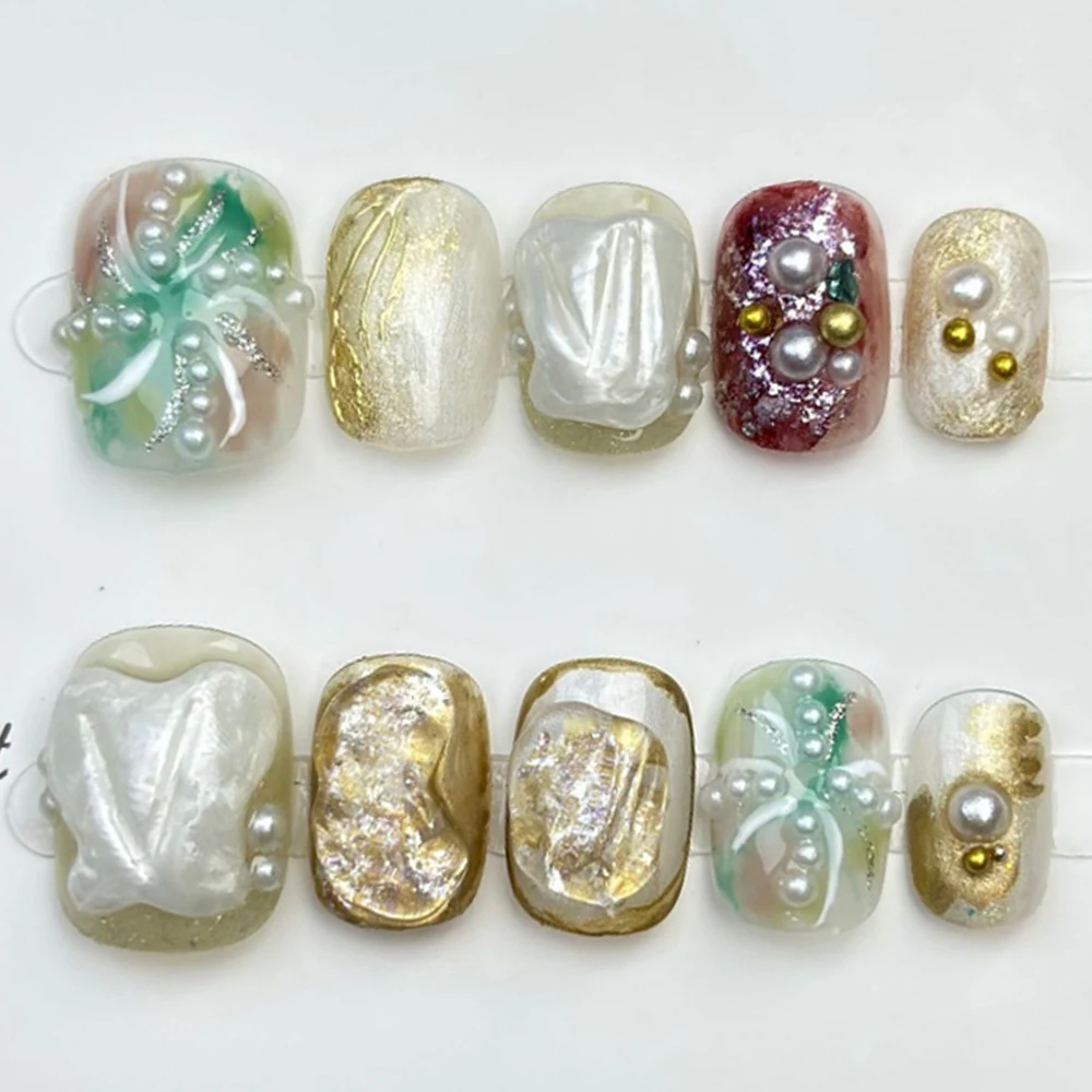 Beautifu Light Luxury Short Artificial Press On Nails Spice Girl Rhinestone Flower Pearl Gradients Reusable Nail Party Stickers