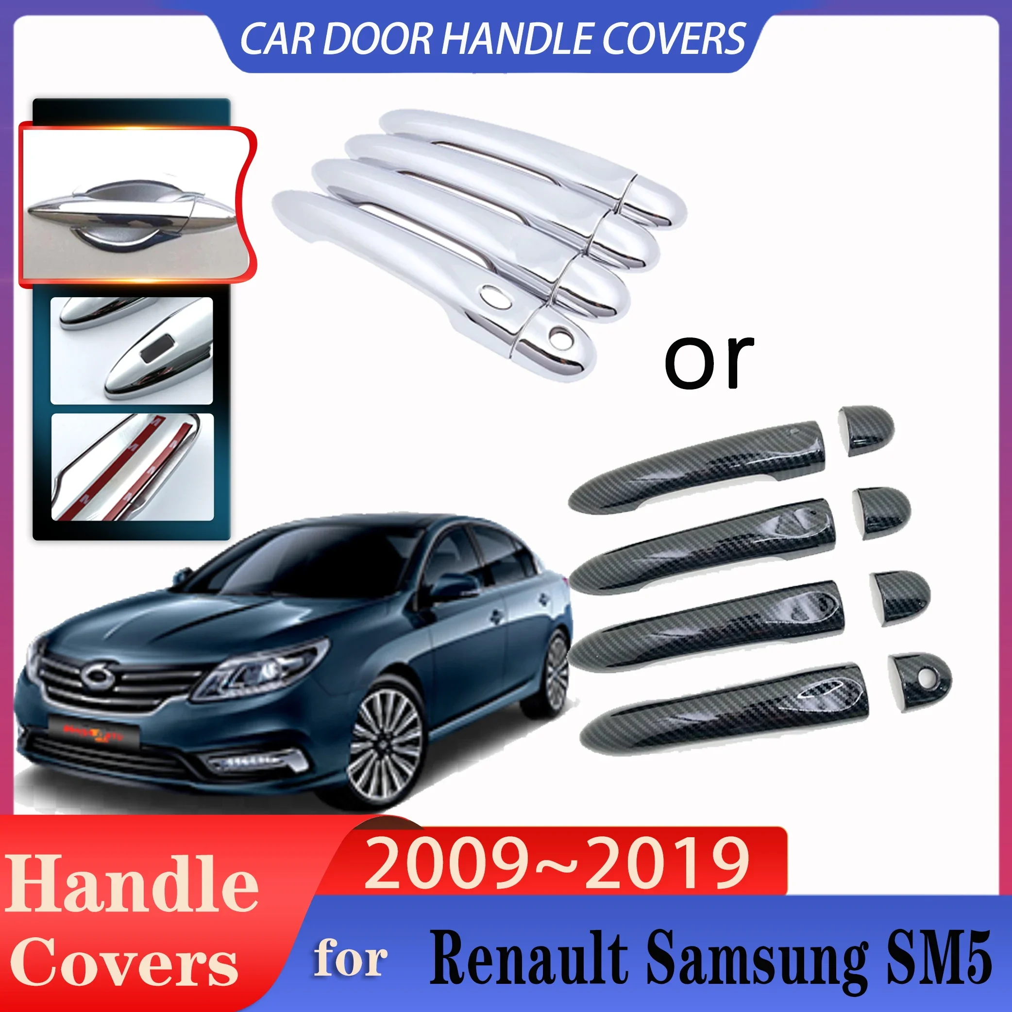 Manija de fibra de carbono de imitación de coche, accesorios de cubierta de manija de puerta cromada para Renault, Samsung SM5, L43, Safrane Latitude, 2009 ~ 2019