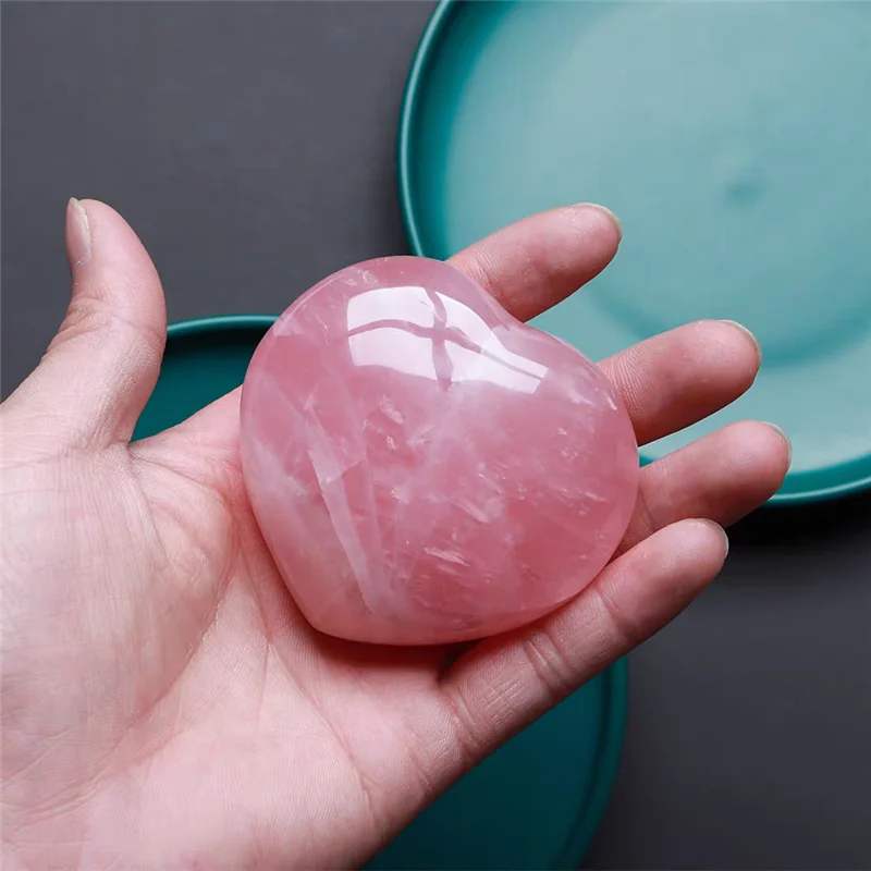 Natural Hand Carved Rose Quartz Heart Rough Polished Pink Crystal Love Shaped Healing Stone Home Decor