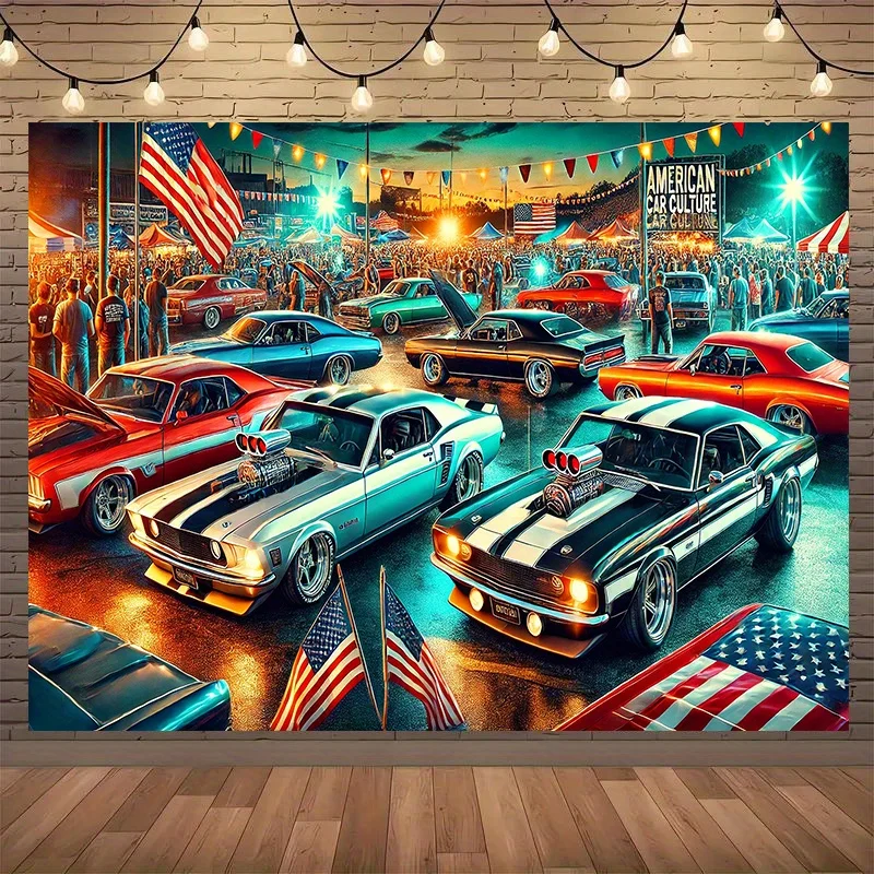 American Muscle Cars Tapestry Vintage Classic Auto Show Wall Hanging Retro USA Flag Decor for Man Cave Garage Bedroom Background