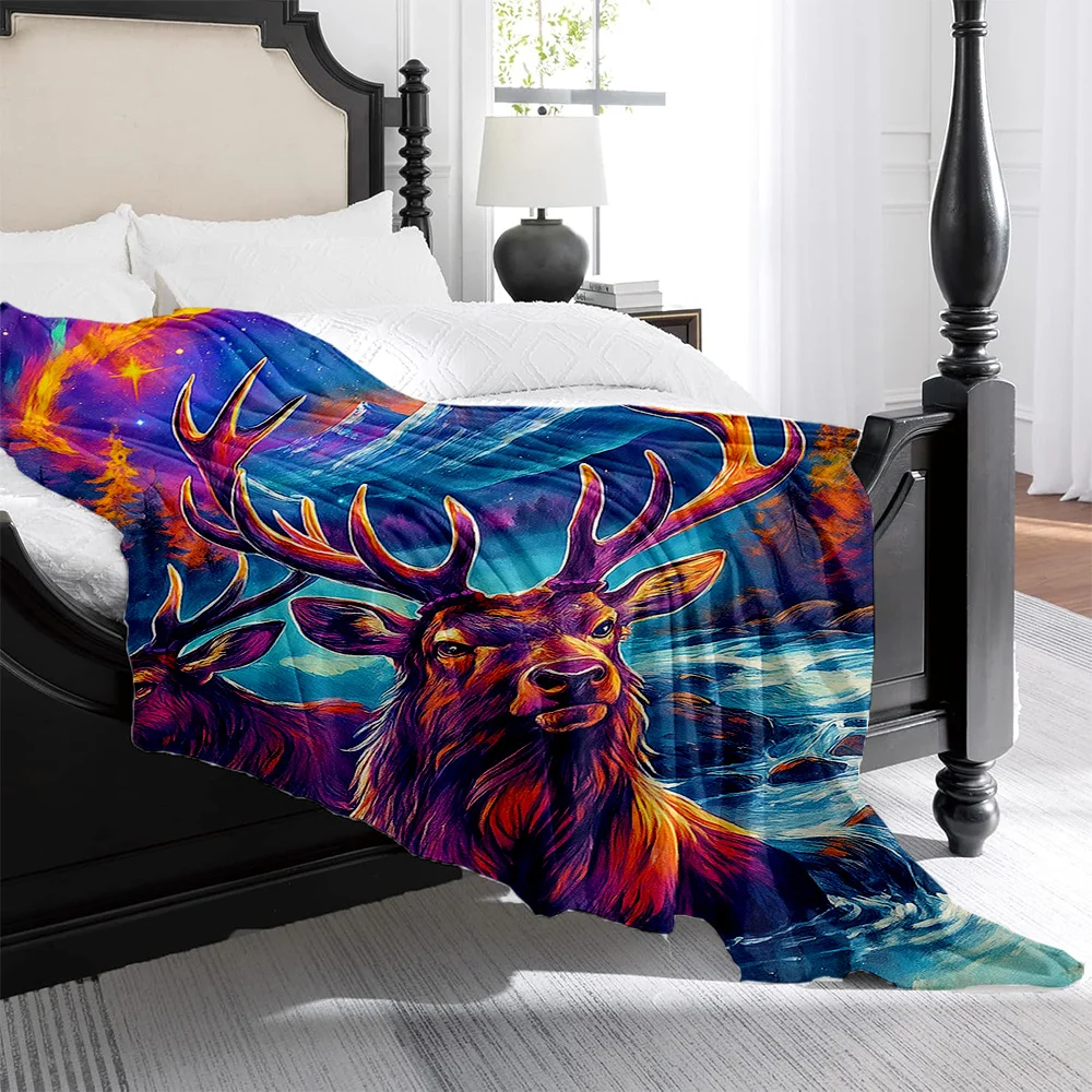 1pc Northern Stag & Forest Fleece Blanket - Aurora Borealis Moose Print, Plush Thick All-Season Bedspread, Soft Quilted-like Bed