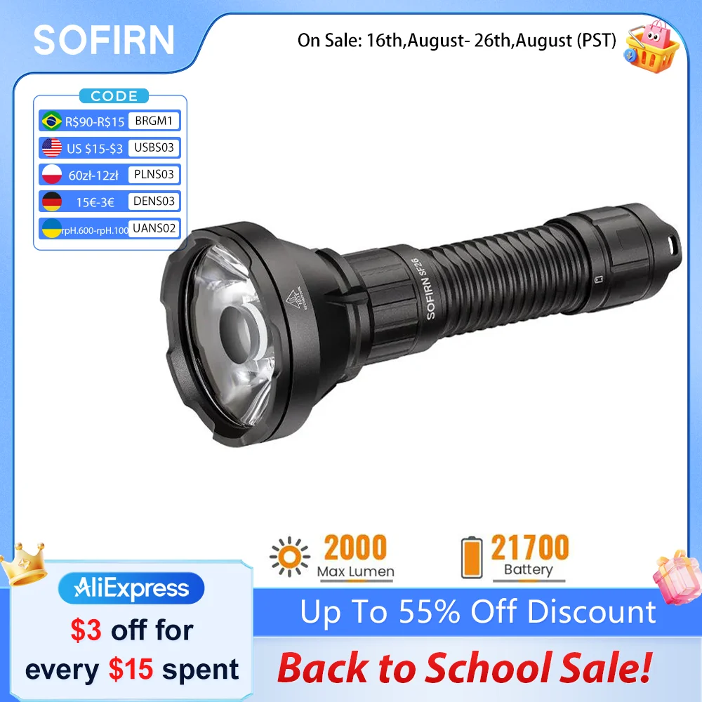 Lanterna Tática SOFIRN SF26 2000lm SFT40 LED 6000K Recarregável Tipo-C Portátil Potente 21700