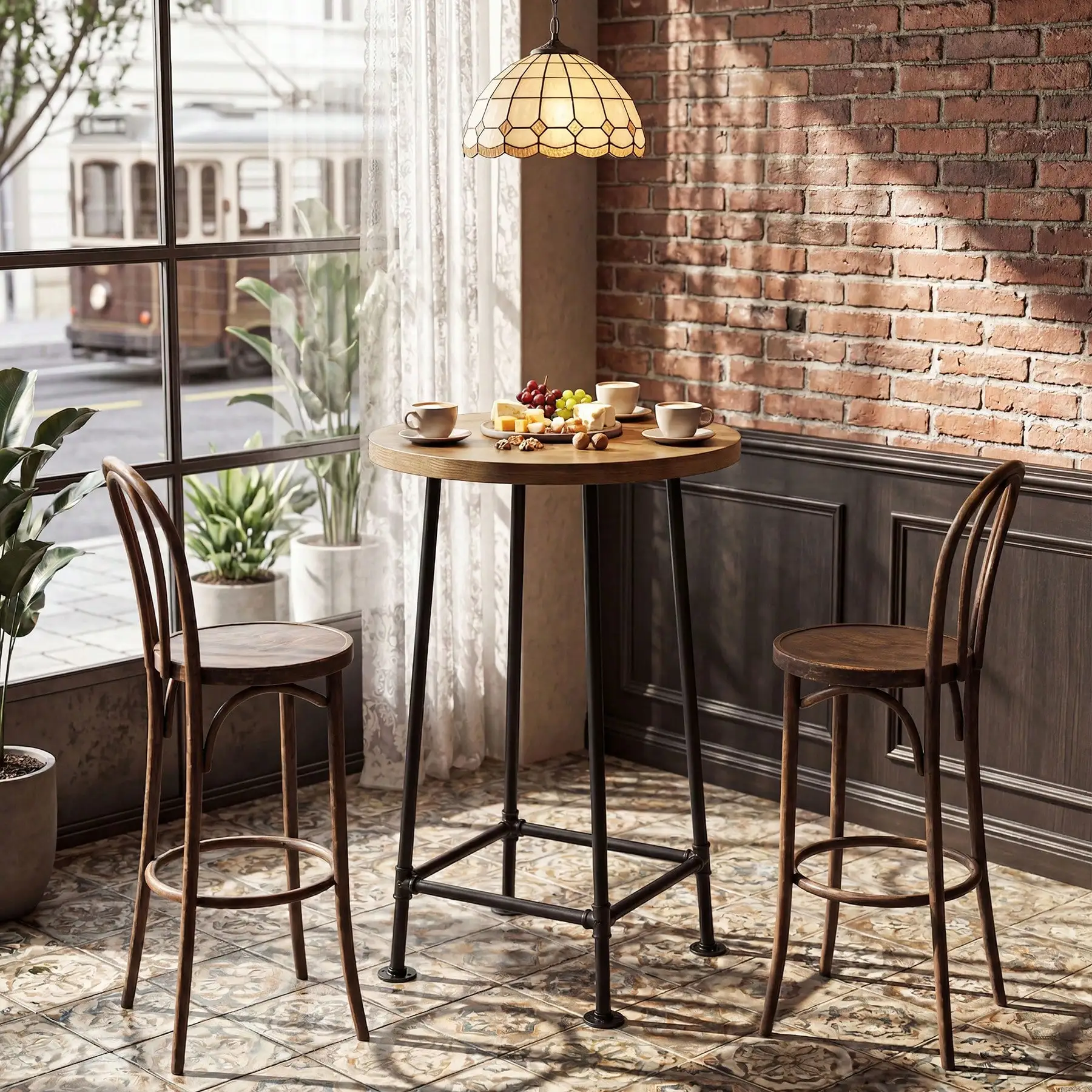 

37.4 In. H Round Bar Table With Foot Rails, Industrial Brown Bar Table For Home Bar, Kitchen